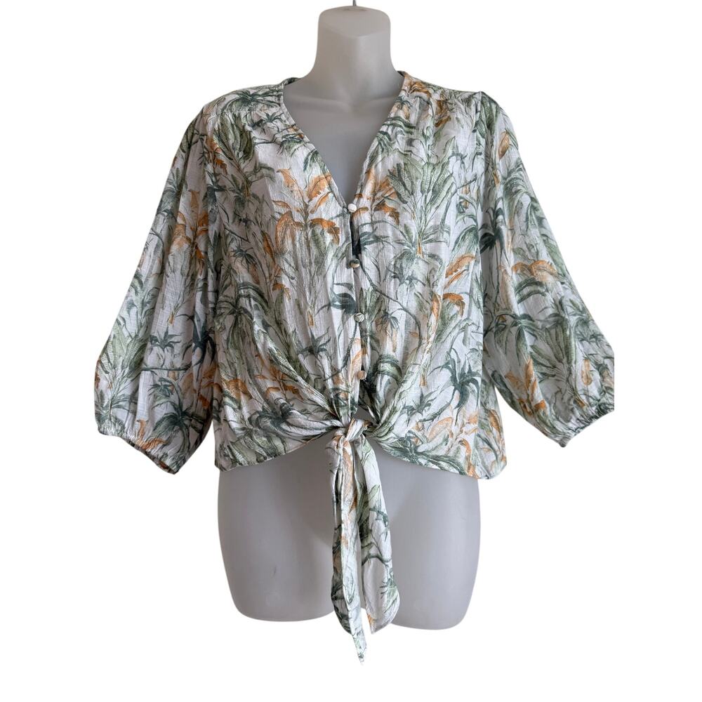 Beachy Tie Front Blouse Size L Palm Leaves Flowy Summer‎ Tropical Vacation Top